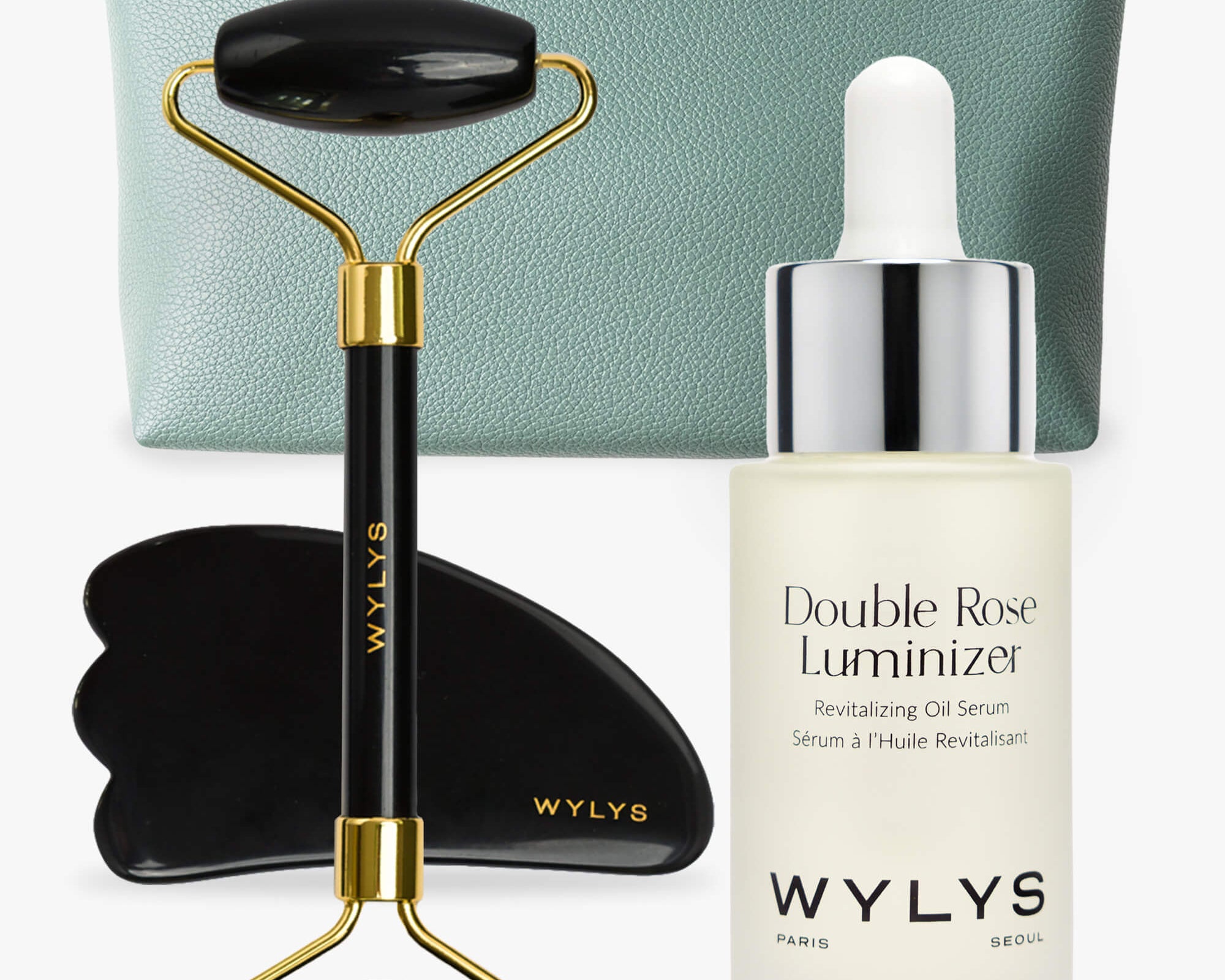 WYLYS Illuminate Set Double Rose Luminizer Gua Sha Face Roller and Vegan Leather Makeup Bag