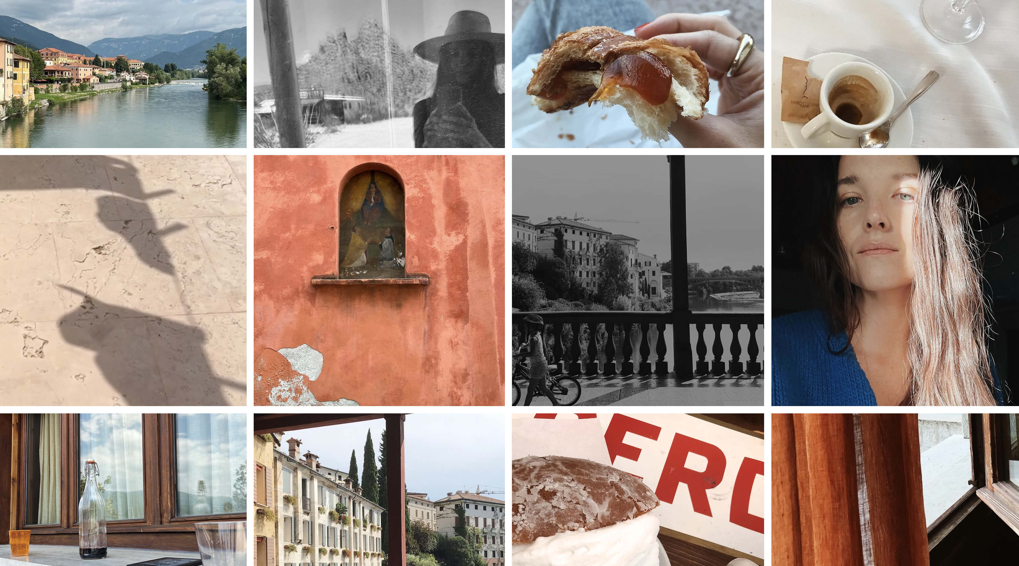  A photo collage of life in Italy, featuring architecture, espresso, pastries, and a woman’s travel lifestyle.