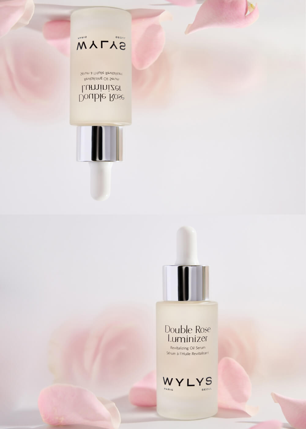 Two skincare products with droppers on a soft pink background