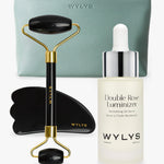 WYLYS Illuminate Set Double Rose Luminizer Gua Sha Face Roller and Vegan Leather Makeup Bag
