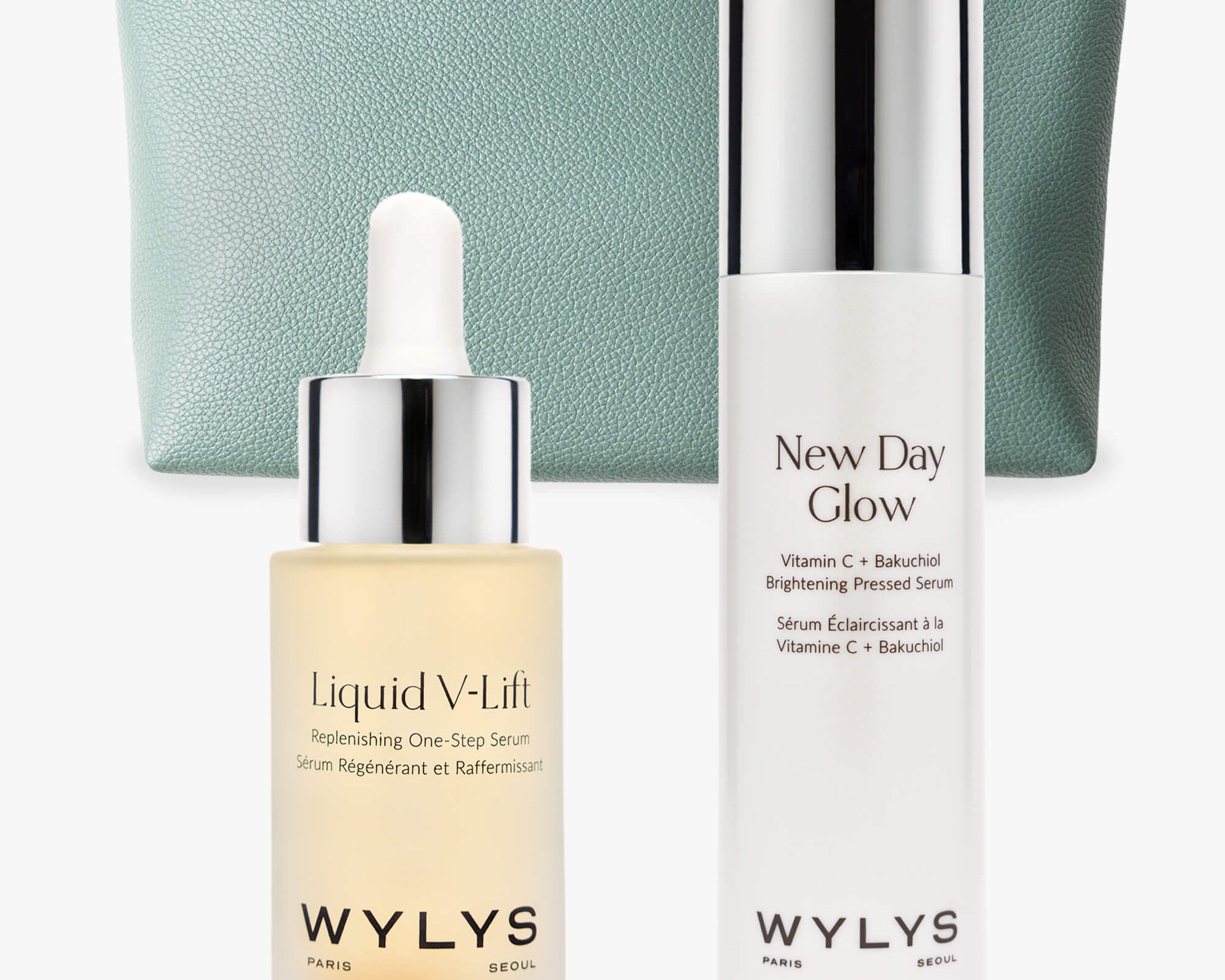 The Lift + Glow Set & Sage Verte Makeup Bag Liquid V-Lift New Day Glow Brightening and Lifting Duo