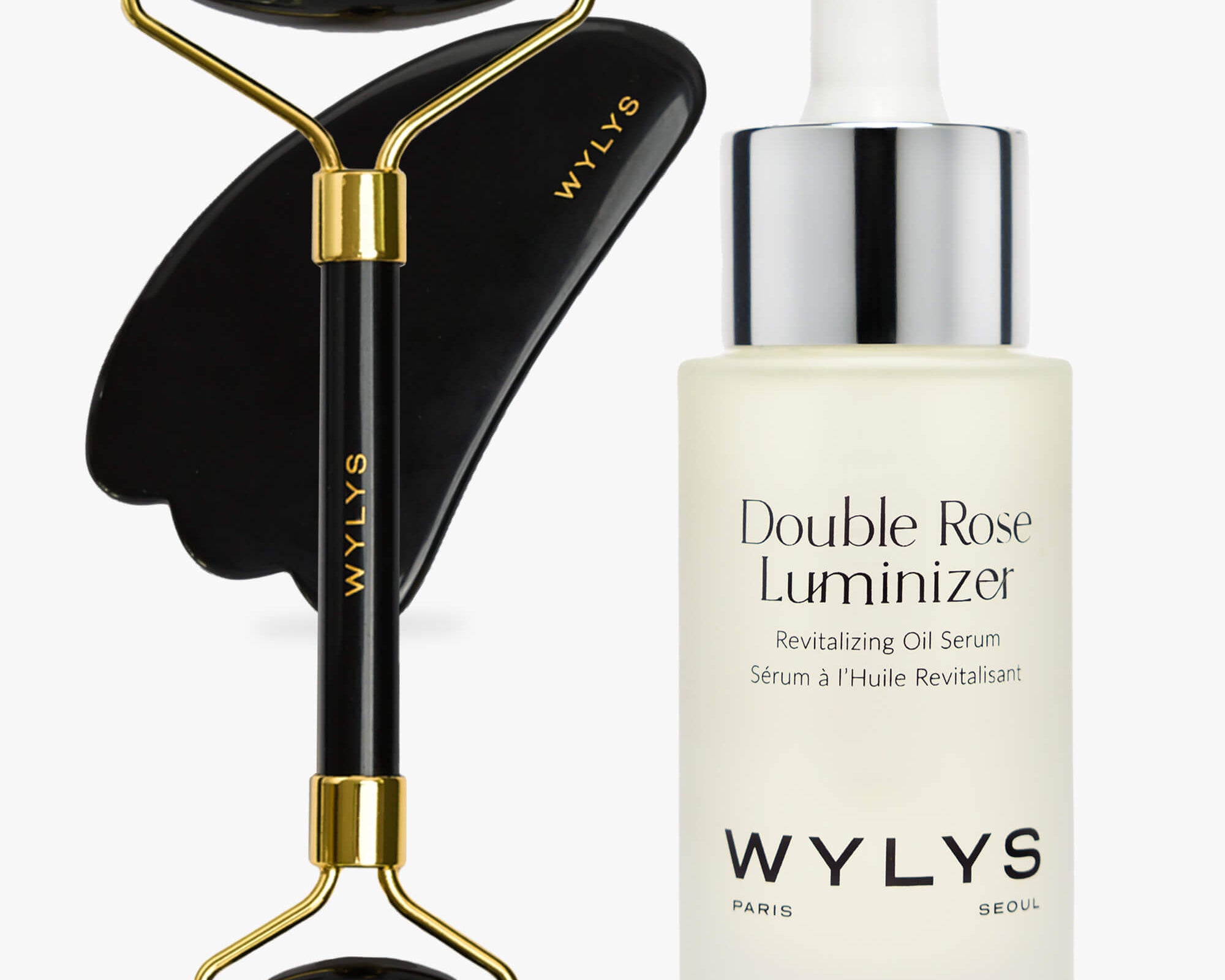 WYLYS Black Obsidian Face Roller Gua Sha with Double Rose Luminizer Illuminate Set