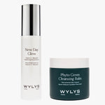 Studio product shot of WYLYS Daily Glow Duo: New Day Glow Serum and Phyto Green Cleansing Balm on white background.