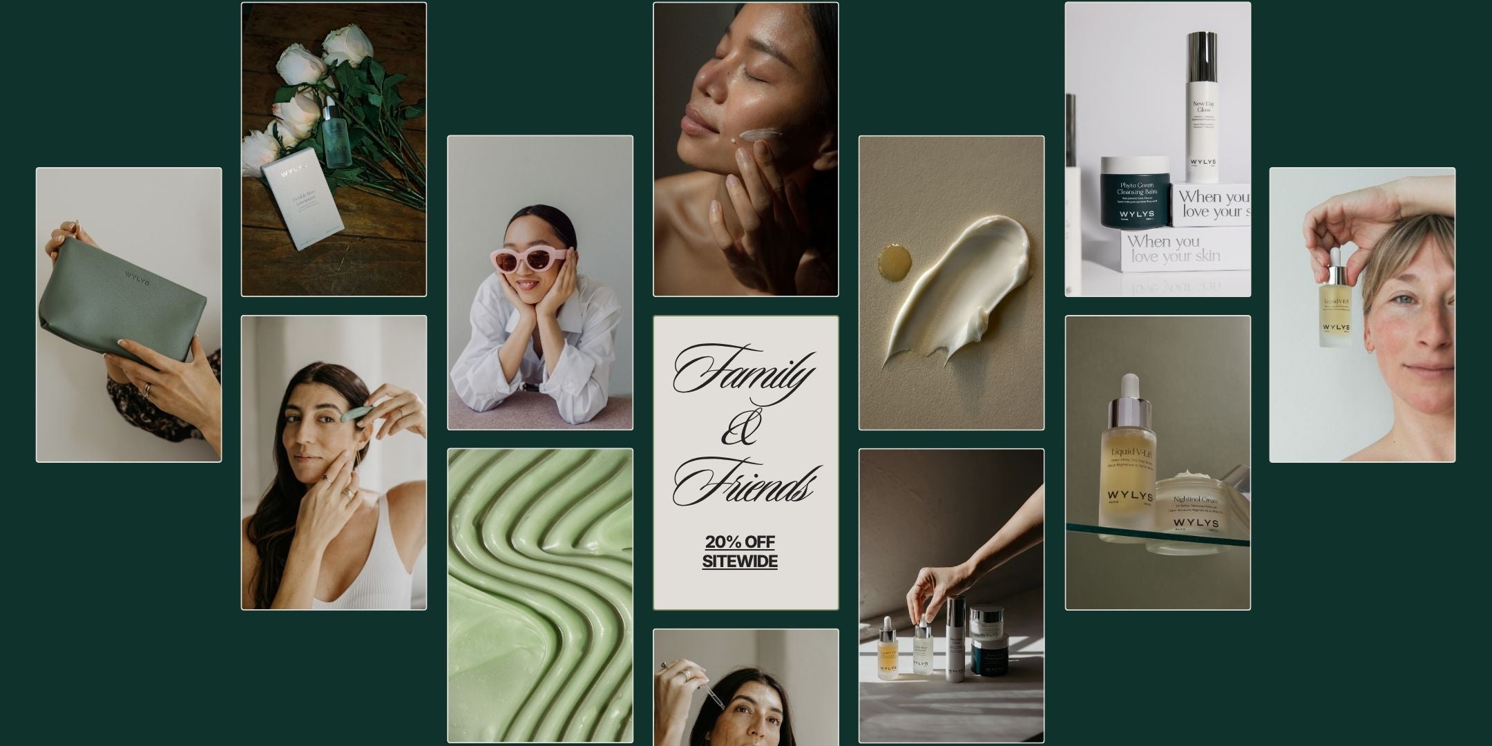 Collage of various product images and lifestyle scenes on a green background