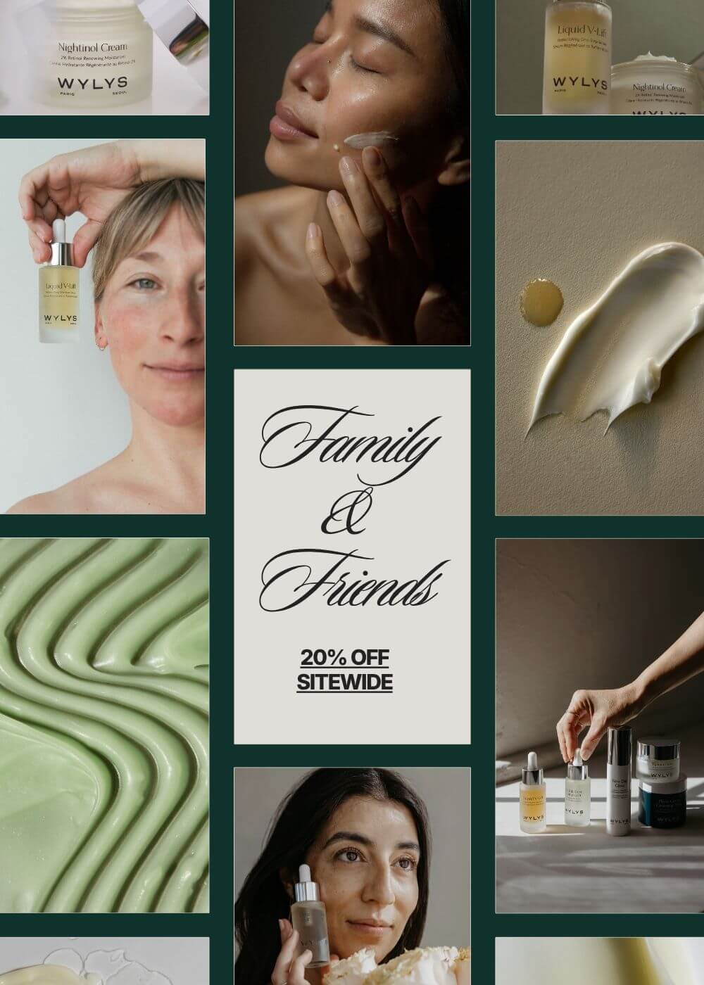 Collage of WYLYS skincare products with promotional text overlay.