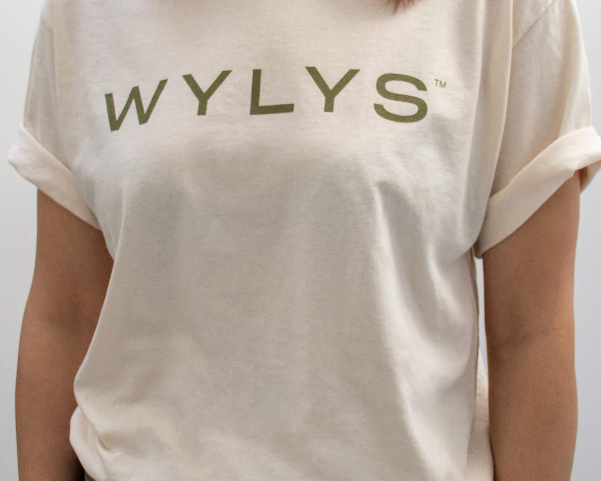WYLYS T Shirt 100% unbleached undyed cotton on model, front view