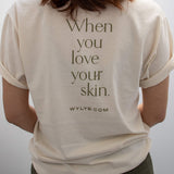 WYLYS T Shirt 100% unbleached undyed cotton on model, back view