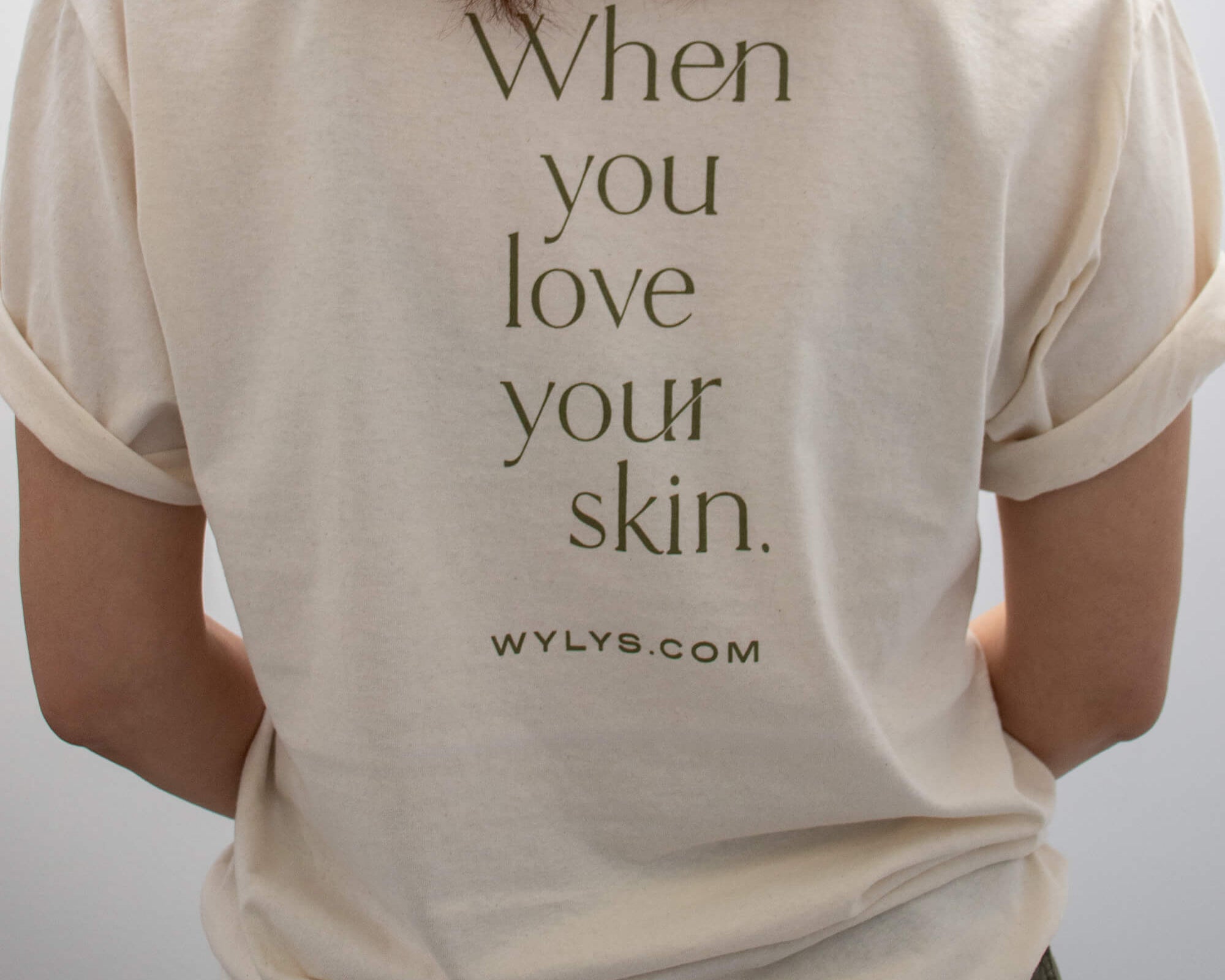 WYLYS T Shirt 100% unbleached undyed cotton on model, back view